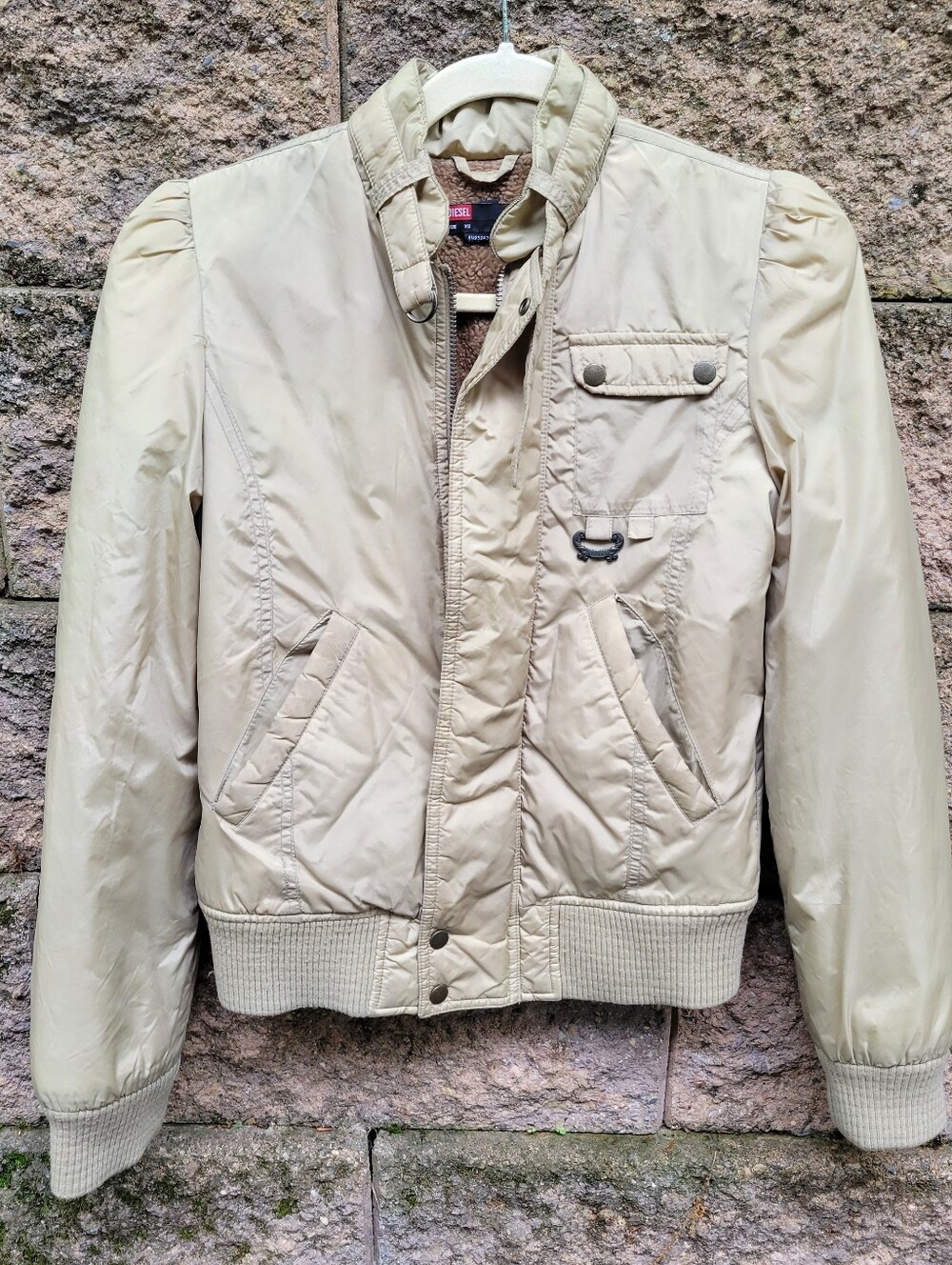 Vintage Diesel Womens XS Zip Up Bomber Jacket Fleece Lined Tan Cropped rib Trim